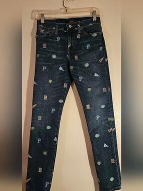 Ralph Lauren Dark Wash Skinny Jeans with Multicolor Collegiate Prints